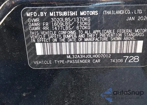 2020 Mitsubishi Mirage Es from USA, damaged, VIN ML32A3HJ0LH007012